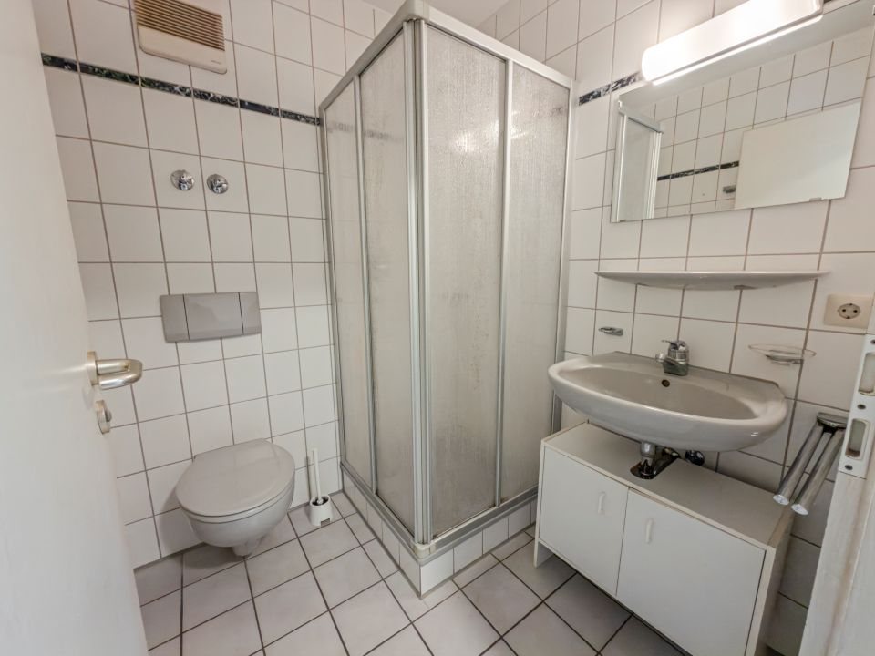 Badezimmer mit Duschkabine, Waschbecken mit Unterschrank, Spiegelschrank und WC